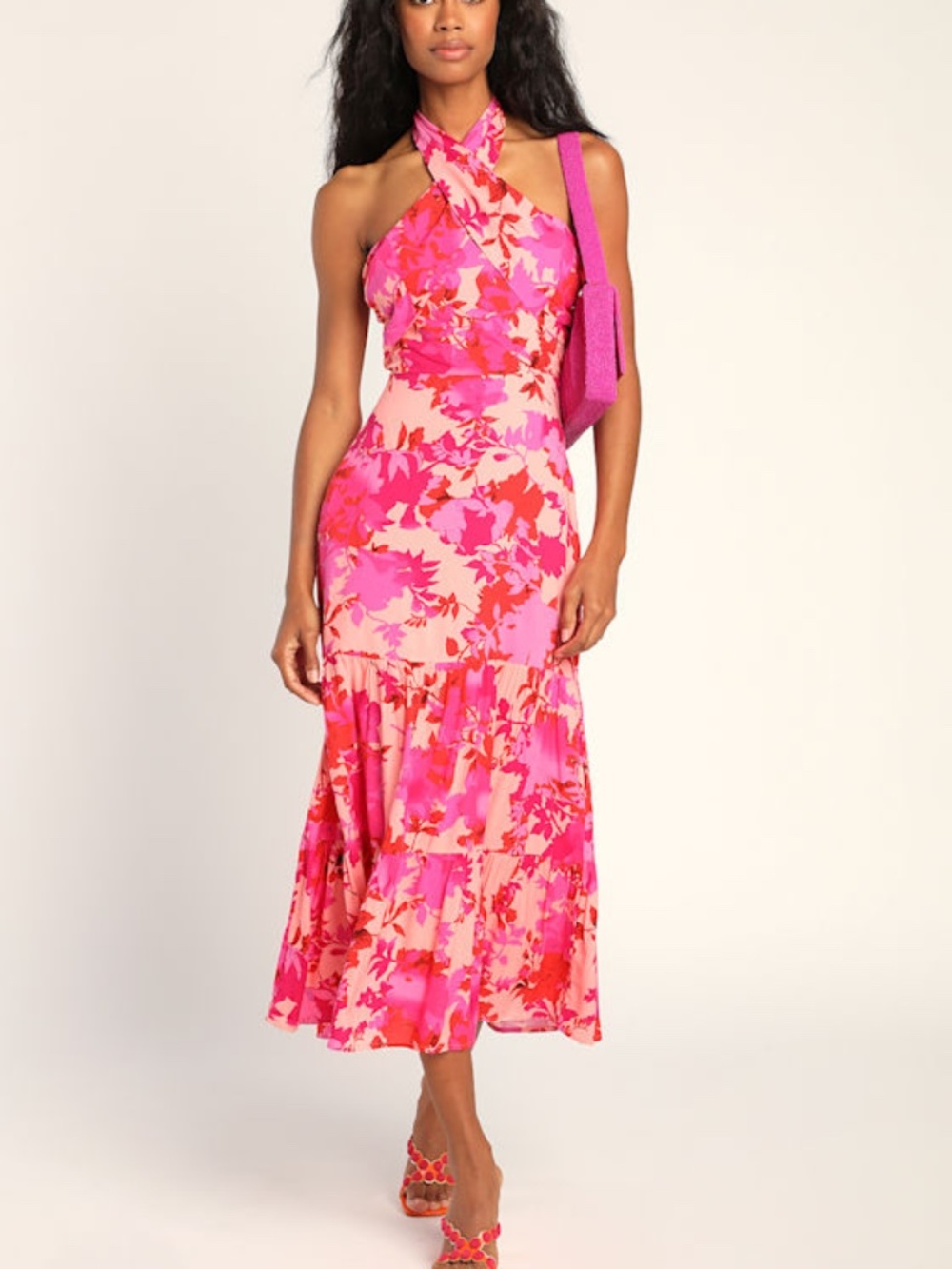 Lulus Always Eye-catching Hot Pink Floral Tiered Halter Midi Dress - Size S